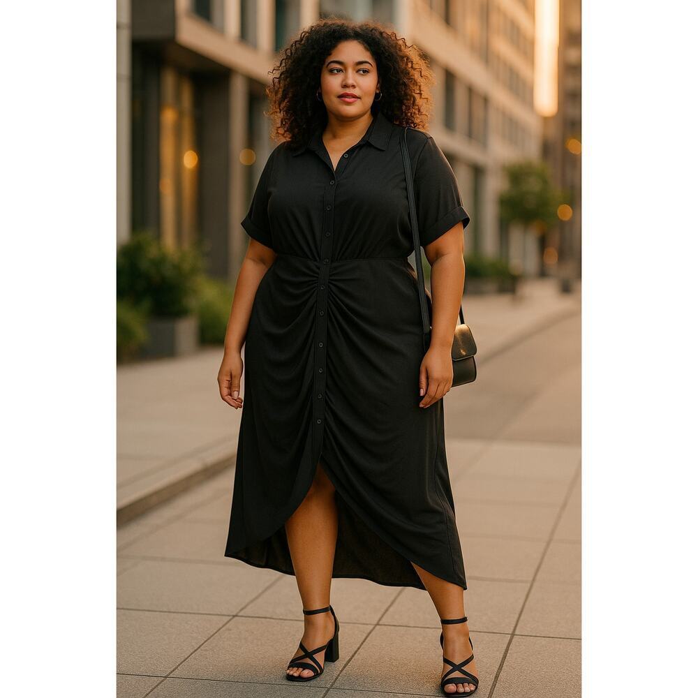 Haute Fox 3X Black Button Front Midi Dress Ruched Draped Hem Collared Plus Size